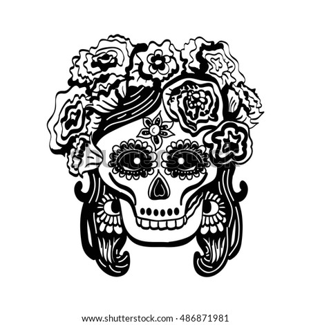 Day of the dead. Catarina mask. Black outlined scull decorated with flowers on white background. Vector illustration.