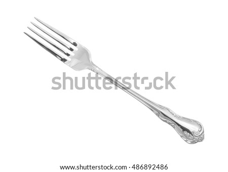 Top view of a generic metal fork isolated on a white background. Royalty-Free Stock Photo #486892486