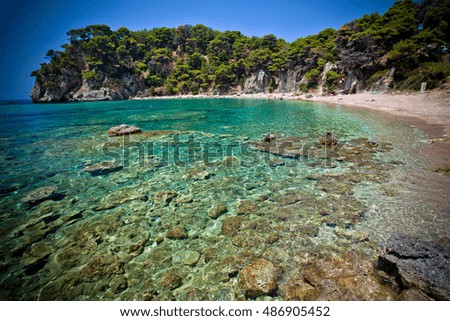 Paradise wild beach in Greece. The Aegean sea with turquoise water