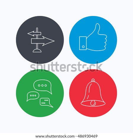 Direction, thumb up and conversation icons.