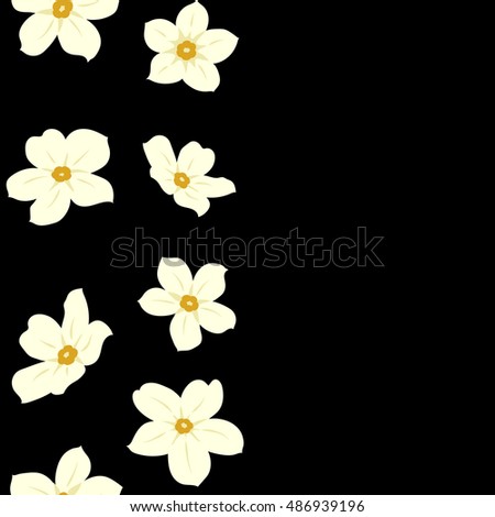 Vector seamless pattern of vertical stylized floral motif, forget-me-not flowers, hole, spots, doodles on black background. Hand drawn forget-me-not flowers. Copy space.