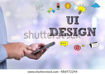 UI DESIGN Computer Network Homepage Html Graphic Web person holding a smartphone on blurred cityscape background