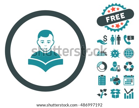 Student Study Book icon with free bonus design elements. Vector illustration style is flat iconic bicolor symbols, soft blue colors, white background.