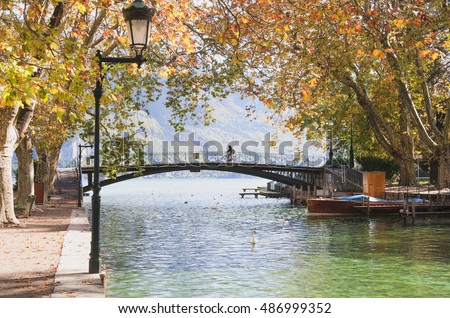 view of the bridge of love in the French city of Annecy