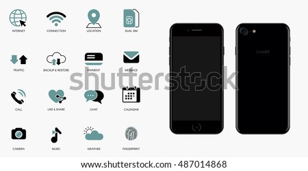 Mobile technology vector icons set. Smartphone iphon style front and back view illustration.