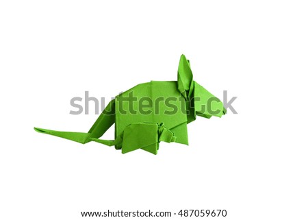 origami green rat and baby rat beautiful made by one paper without cutting and tearting on white background