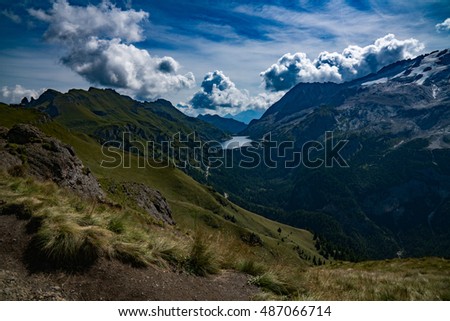 Marmolada mountain massif with Punta Penia and Gran Vernel summits as seen from Porta Vescovo cable car station, Dolomites, Arabba village, town of Canazei, Trentino, Alto-Adige, South Tyrol, Italy