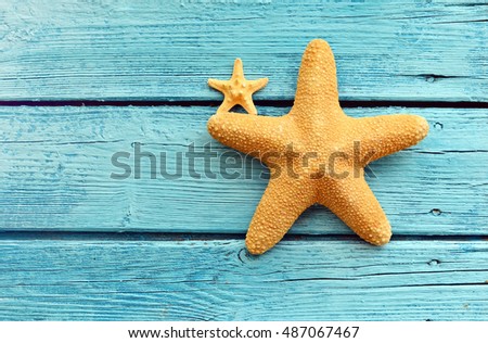  Starfish on blue wooden background. Top view with copy space. Summer concept.