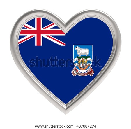 Falkland Islands flag in silver heart isolated on white background. 3D illustration.