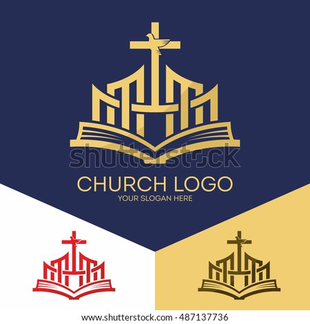 Church logo. Christian symbols. The Bible, the cross of Jesus and the Holy Spirit (a dove). Royalty-Free Stock Photo #487137736
