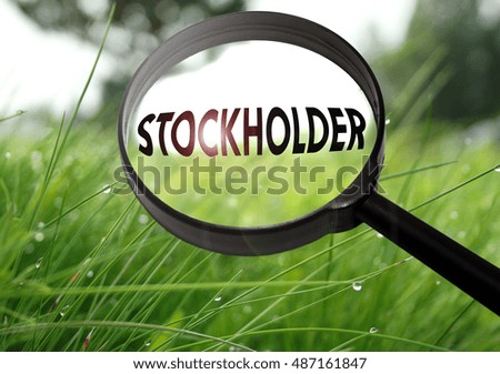 Magnifying glass with the word stockholder on grass background. Selective focus