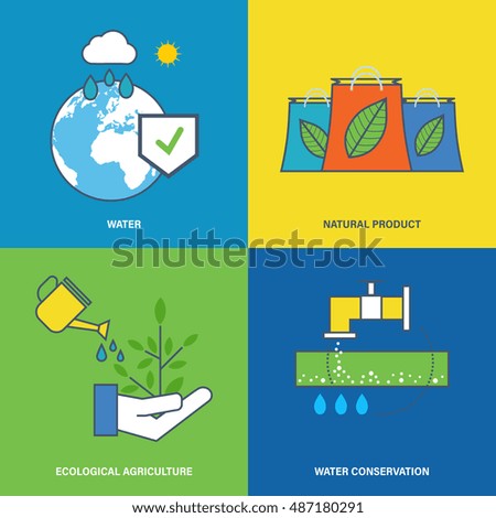 Concept of environmental protection, preservation of natural reserves of water and maintaining pure agriculture, water conservation. Flat vector illustration.