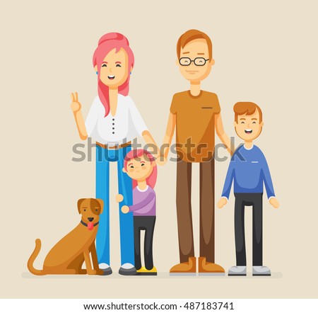 Hipster family. Happy mom, dad, daughter, son and dog. Vector illustration of a flat design