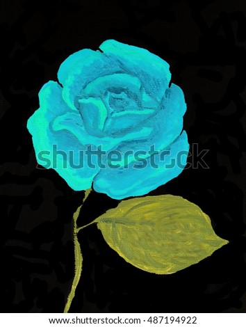 One big blue rose on black background, oil painting.