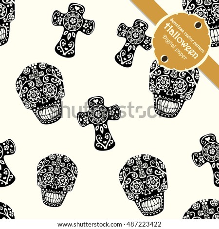 Halloween seamless pattern black sugar skulls and crosses. Vector repeatable texture.