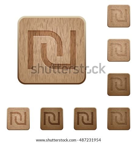 Set of carved wooden Israeli new Shekel sign buttons in 8 variations.