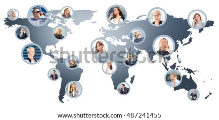 Business people talking on the telephone. Collage of different business pictures collected as world map. Communication, online support and worldwide call center concept.