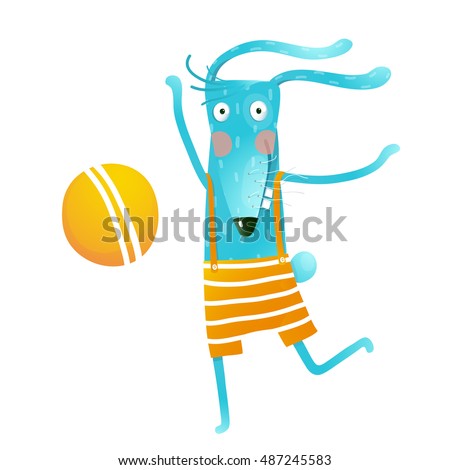 Cartoon happy bunny playing with ball. Rabbit plays soccer. Funny wildlife. Cartoon characters for children greeting cards and other projects. Vector illustration in bright colors
