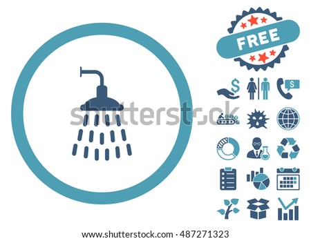 Shower icon with free bonus clip art. Vector illustration style is flat iconic bicolor symbols, cyan and blue colors, white background.