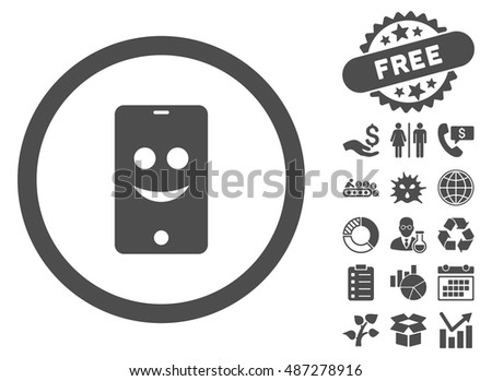 Mobile Phone Smile pictograph with free bonus clip art. Vector illustration style is flat iconic symbols, gray color, white background.