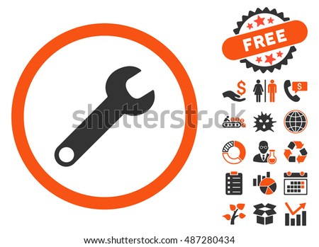 Wrench icon with free bonus symbols. Vector illustration style is flat iconic bicolor symbols, orange and gray colors, white background.