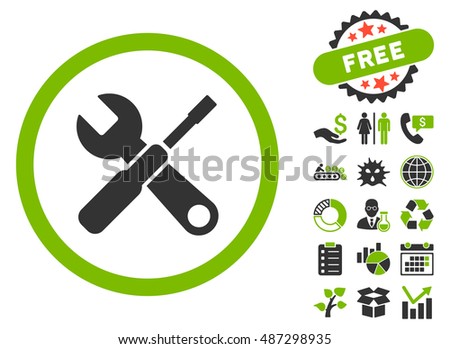 Tools pictograph with free bonus images. Vector illustration style is flat iconic bicolor symbols, eco green and gray colors, white background.