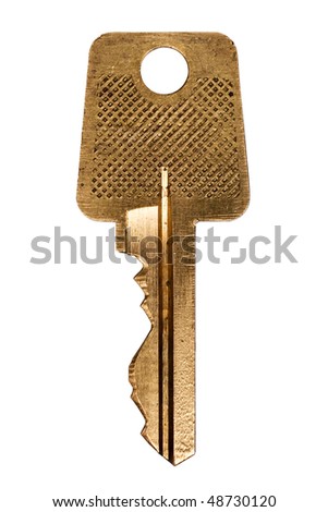 Macro view of an old golden key,  isolated on a white background