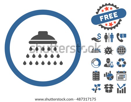 Shower pictograph with free bonus icon set. Vector illustration style is flat iconic bicolor symbols, cobalt and gray colors, white background.