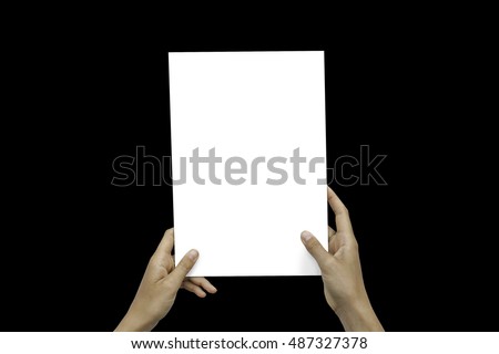 Closeup Blank White Paper Sheet Mockup Holding Female Hands Abstract Black Background
