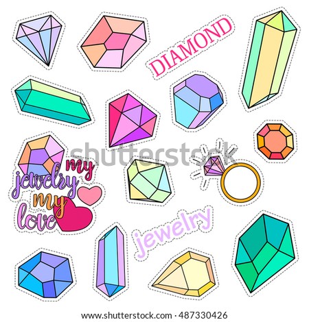 Fashion patch badges. Diamonds and jewelry set. Set of stickers, pins, patches and handwritten notes collection in cartoon 80s-90s comic style. Trend. Vector illustration isolated. Vector clip art.