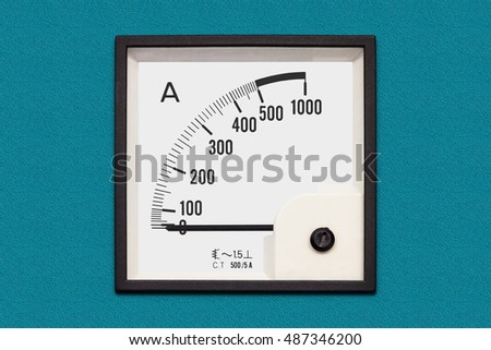 Moving iron type analog panel ammeter mounted on the cubicle panel, current rating 500 A., isolated on background with clipping path