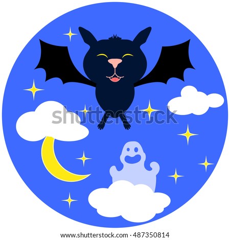 Halloween vector illustration with bat. Cute cartoon bat flying in night sky, with stars, clouds and ghost. Round image for seasonal autumn festival. Hand-drawn Halloween picture for card or banner