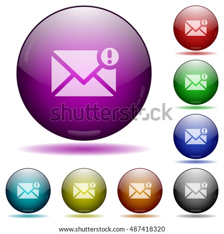 Set of color important message glass sphere buttons with shadows.