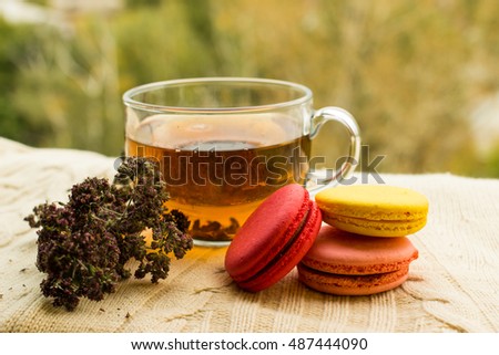 Fresh colorful macaroons with a cup of tea on warm knitted sweater, close up selective focus toned image. Lifestyle background.