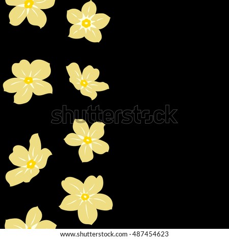 Vector seamless pattern of vertical stylized floral motif, forget-me-not flowers, hole, spots, doodles on black background. Hand drawn forget-me-not flowers. Copy space. Seamless floral background.