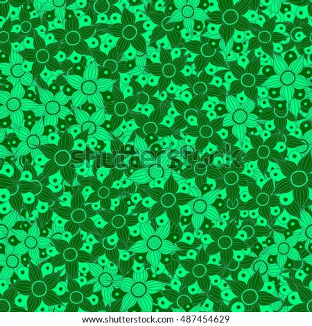 Vector seamless pattern of stylized floral motif, flowers, hole, spots, doodles in green colors. Hand drawn. Seamless floral background.