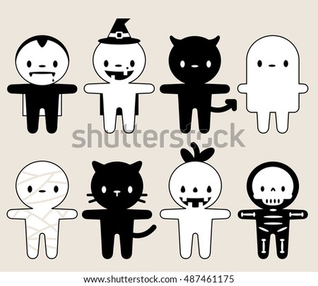 Halloween Set Characters in black and white color, witch, black cat, devil, ghost, count Dracula, mummy, pumpkin, skeleton / cute icons