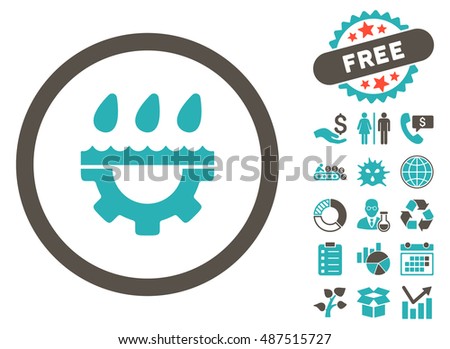 Water Service Gear icon with free bonus clip art. Vector illustration style is flat iconic bicolor symbols, grey and cyan colors, white background.