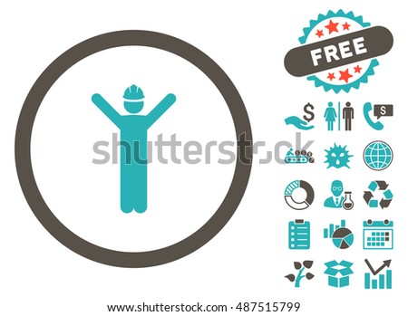 Worker icon with free bonus symbols. Vector illustration style is flat iconic bicolor symbols, grey and cyan colors, white background.