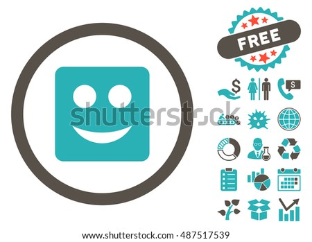 Square Smile icon with free bonus pictograph collection. Vector illustration style is flat iconic bicolor symbols, grey and cyan colors, white background.