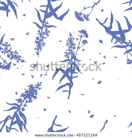 Blue silhouettes of herbs and flowers on a white background. Summer, fall. Seamless pattern.