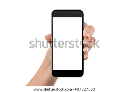 Mockup of hand with a black cellphone with white screen at isolated background.