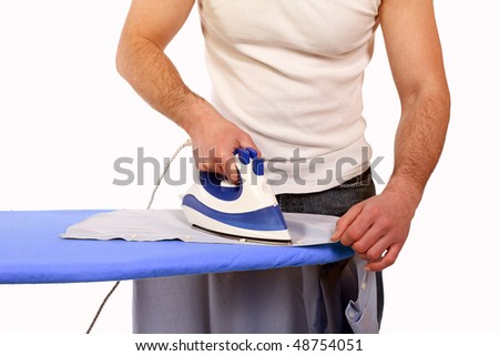 man ironing clothes isolated on white background