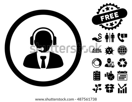 Support Manager icon with free bonus design elements. Vector illustration style is flat iconic symbols, black color, white background.
