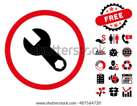 Wrench icon with free bonus symbols. Vector illustration style is flat iconic bicolor symbols, intensive red and black colors, white background.