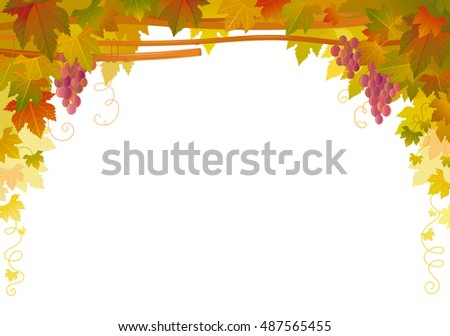 Autumn Vineyard poster. Fall Harvest pattern on white background. Winemaking banner, wine making farm. Vineyard, Grape fruit, falling leaves. Agriculture farming seasonal vector illustration concept. 