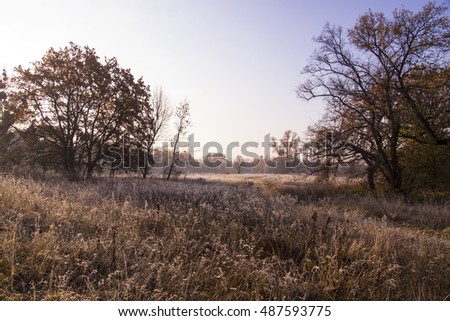 beautiful landscape with morning frost,Autumn field morning