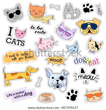 Fashion patch badges. Cat and dog set. Set of stickers, pins, patches and handwritten notes collection in cartoon 80s-90s comic style. Trend patches. Vector illustration isolated. Vector clip art.