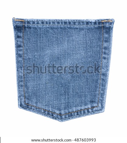 White isolated background with copy space of blue jeans back side pocket in macro idea. Clothes concept to present denim texture in close up view and classic style fashion with vintage tones.
 Royalty-Free Stock Photo #487603993
