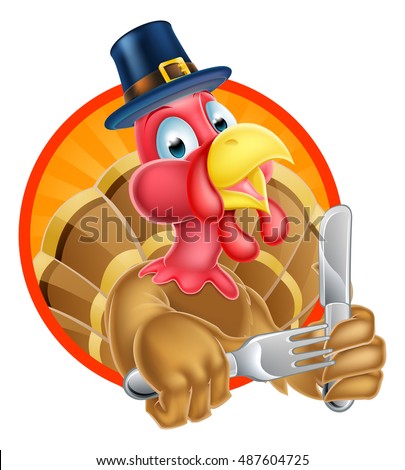 A cartoon Thanksgiving turkey in Pilgrims hat holding a knife and fork